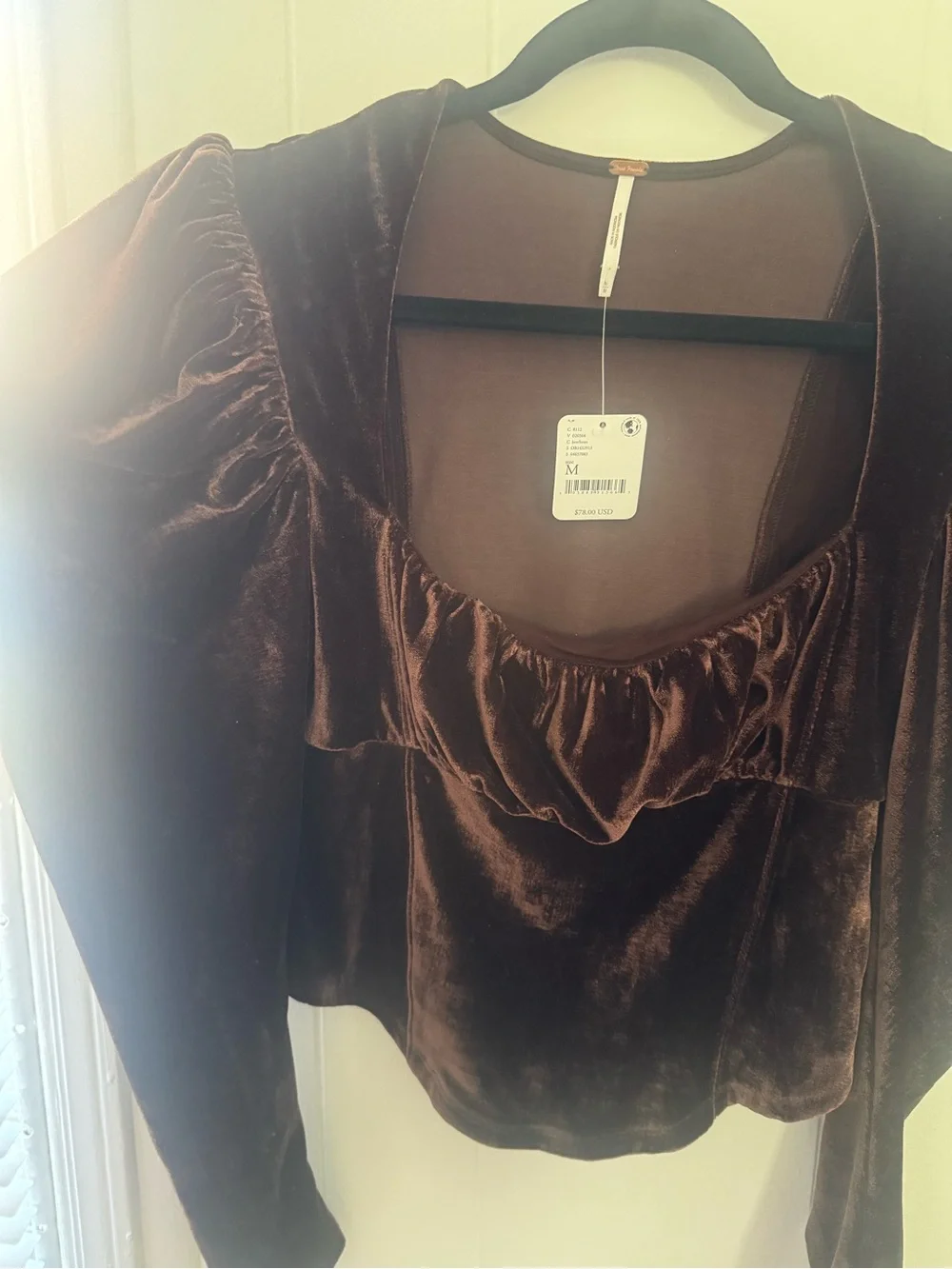 Free People Velvet Puff-Sleeve Square Neck Top in Brown